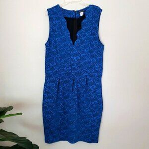Venus dress, blue, v neck, brocaded print, lightweight, scalloped, stretch